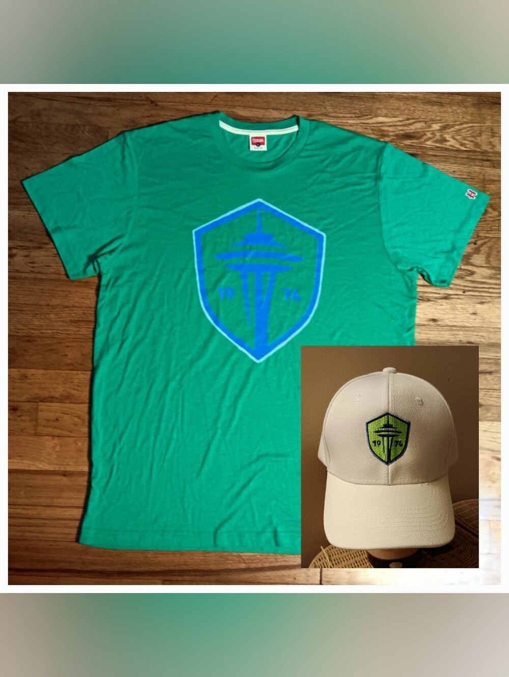 rare Seattle Sounders X Homage 1974 Space Needle Logo t-shirt and baseball cap